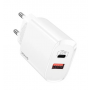 20W Бърз Адаптер USAMS USB-A (QC) USB-C (PD) 3.0A Бял