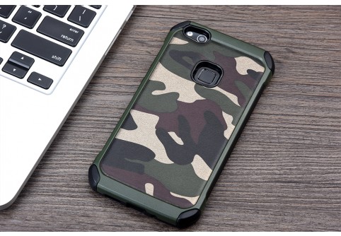 Удароустойчив камуфлажен калъф за Huawei P10 lite със зелен кант 