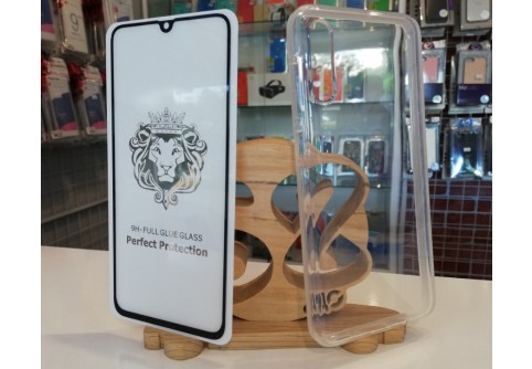 Промо пакет 5D извит стъклен протектор Full Glue + Armor Clear Case за Samsung Galaxy A70