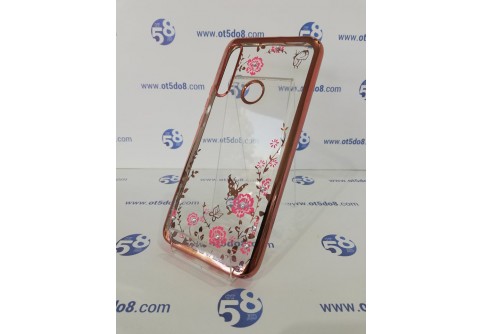 Луксозен силиконов гръб с цветя и камъни за Huawei P Smart Z Rose Gold