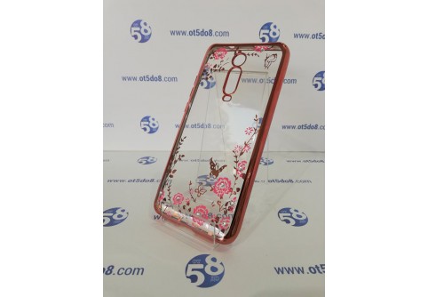 Луксозен силиконов гръб с цветя и камъни за Xiaomi Mi 9T Rose Gold