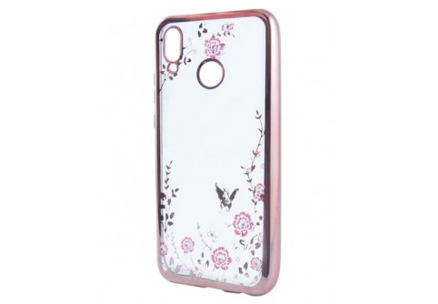 Луксозен силиконов гръб с цветя и камъни за Huawei Y6 2019 Rose Gold