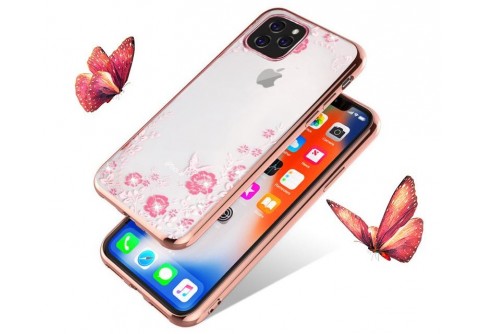 Луксозен силиконов гръб с цветя и камъни за iPhone 11 Rose Gold