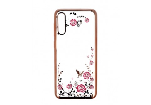 Луксозен силиконов гръб с цветя и камъни за Samsung Galaxy A70 Rose Gold