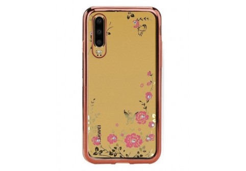 Луксозен силиконов гръб с цветя и камъни за Huawei P30 Rose Gold