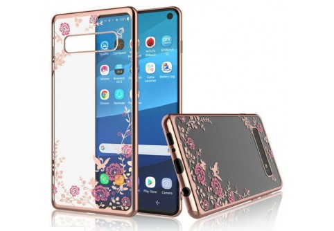 Луксозен силиконов гръб с цветя и камъни за Samsung Galaxy S10 Rose Gold