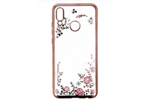 Луксозен силиконов гръб с цветя и камъни за Xiaomi Redmi Note 7 Rose Gold