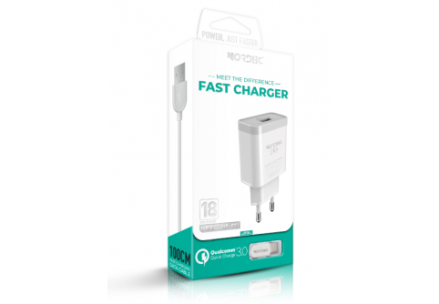 Бързо зареждащо зарядно NORDIC 220V 18W 3.0A USB-A + Lightning кабел Бял