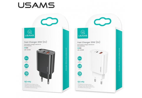 20W Бърз Адаптер USAMS USB-A (QC) USB-C (PD) 3.0A Черен