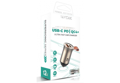 Зарядно за кола NORDIC 30W USB-A USB-C + Type-C към Lightning кабел Златист