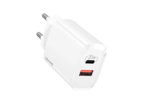 20W Бърз Адаптер USAMS USB-A (QC) USB-C (PD) 3.0A Бял