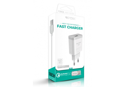 Бързо зареждащо зарядно NORDIC 220V 18W 3.0A USB-A + Type-C кабел Бял