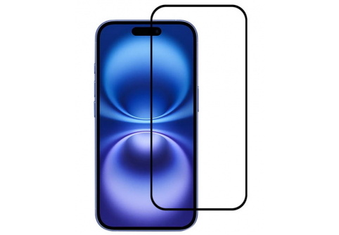 Извит стъклен протектор Full Glue за iPhone 16 с черна рамка